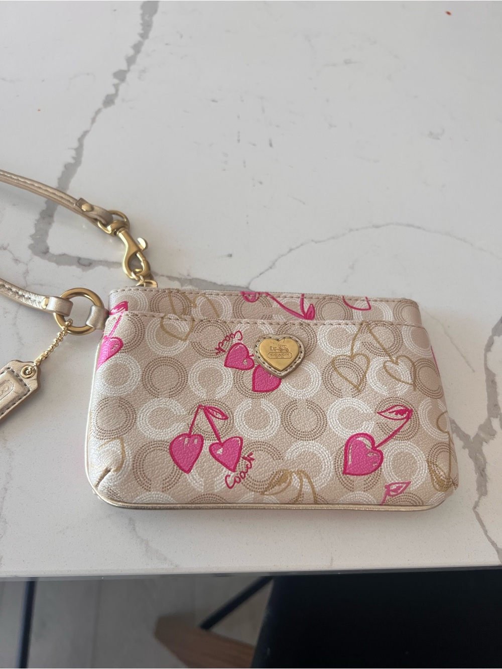 Coach Beige Signature Wristlet with Pink Cherry Heart Print